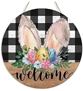 Easter Decorations Door Sign,Wooden Cute Bunny Ears Floral Welcome Easter Door Hanger Easter Door...