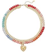 GINAZL Natural Stone Beaded Layered Necklaces for Women, 14K Gold Plated Heart Pendant,Chunky Col...