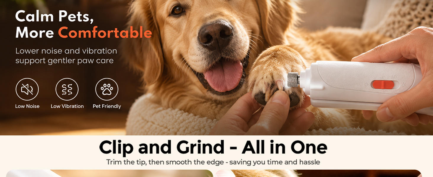2-in-1 pet nail clipper and grinder trims length and smooths sharp nail edges after clipping