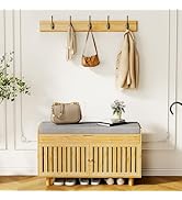 Coat Rack Shoe Bench Set, Bamboo Shoe Storage Bench with Seat Cushion & 5 Hooks, Hall Tree Entryw...