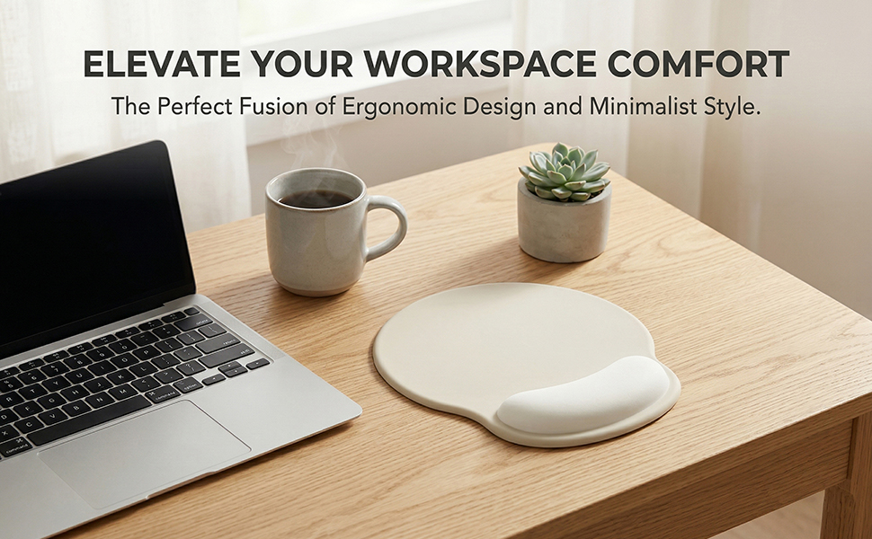 Cream ergonomic mouse pad with wrist support for aesthetic desk setup and comfortable typing.