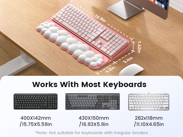 Text reads 'Works With Most Keyboards'. Product dimensions shown: '400x142mm', '430x150mm', '282x118mm'. Images of keyboard wrist rests in different colors.
