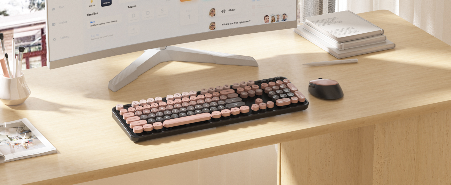 pink typewriter keyboard and mouse wireless cute colorful retro typewriter full size keyboard