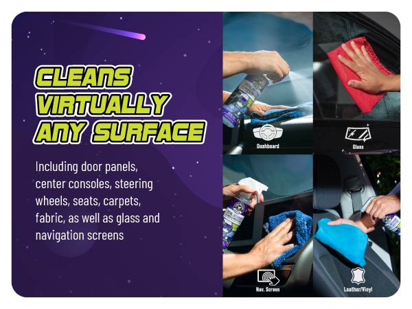 Spray detailer for cleaning leather, vinyl, plastic, and fabric with a fresh galactic woodsy scent