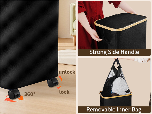360° Swivel Casters, Lockable Wheels, Reinforced Side Handles, Removable & Washable Liner
