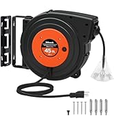 WILAWELS Retractable Extension Cord Reel, 45 FT Heavy Duty Power Cord, 12AWG/3C SJTOW, 3 Grounded...