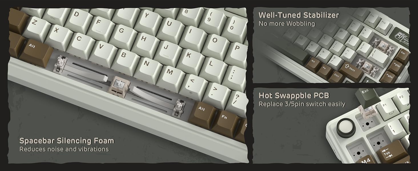 Mechanical keyboard with white keycaps and brown accent keys, featuring stabilizer mounting foam and hot-swappable PCB configuration demonstrated in multiple views.