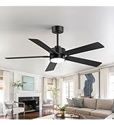 ZYD 52 Inch Black Ceiling Fan, Downrod Mount Black Ceiling Fan DC Motor 6-Speed Reversible, Quiet...