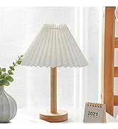Bedside Lamp, Pleated White Lampshade Nightstand Aesthetic Lamp, Wooden Base for Guestroom Bedroo...
