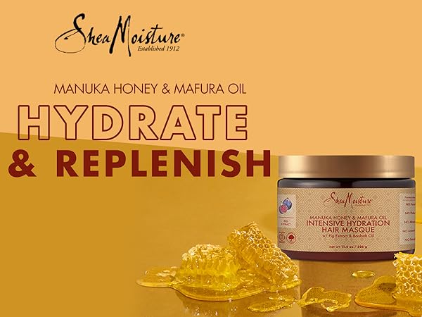 SheaMoisture Hair Masque container with honeycombs on a golden background.