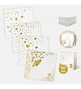 Decorably 100 Pack 3-Ply White and Gold Cocktail Napkins - 5x5in Cocktail Napkins Gold for Bridal...