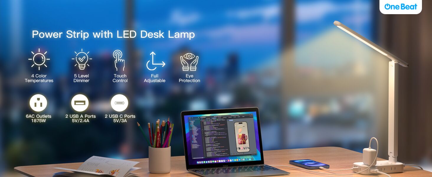 desk lamp with power strip on desk