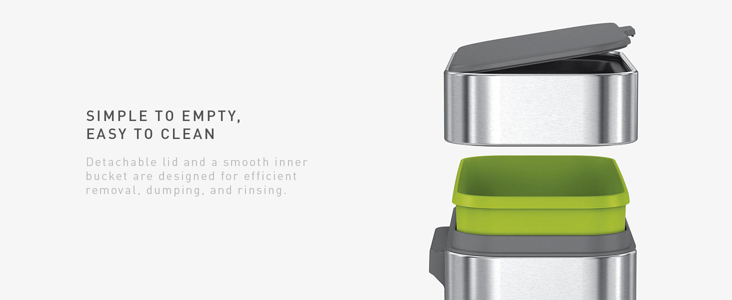 Simple to Empty, Easy to Clean | Detachable lid and smooth inner bucket