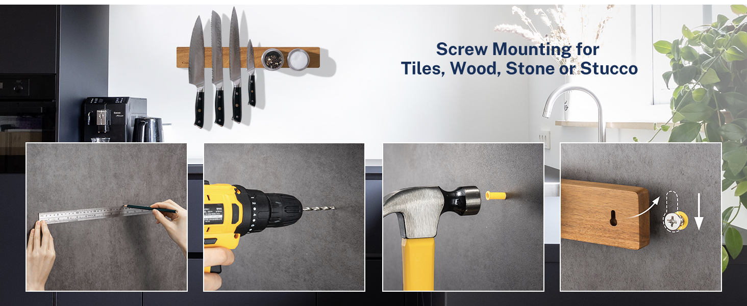 Text reads 'Screw Mounting for Tiles, Wood, Stone & Stucco'. Step-by-step installation guide showing power drill usage on various surfaces.