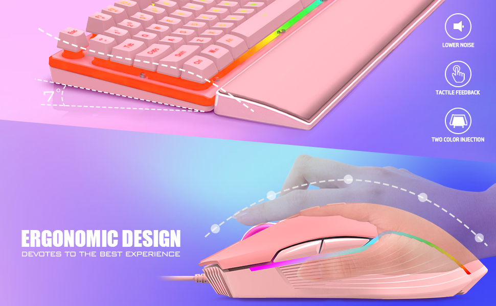redthunder k10 wired gaming keyboard and mouse wrist combo pink