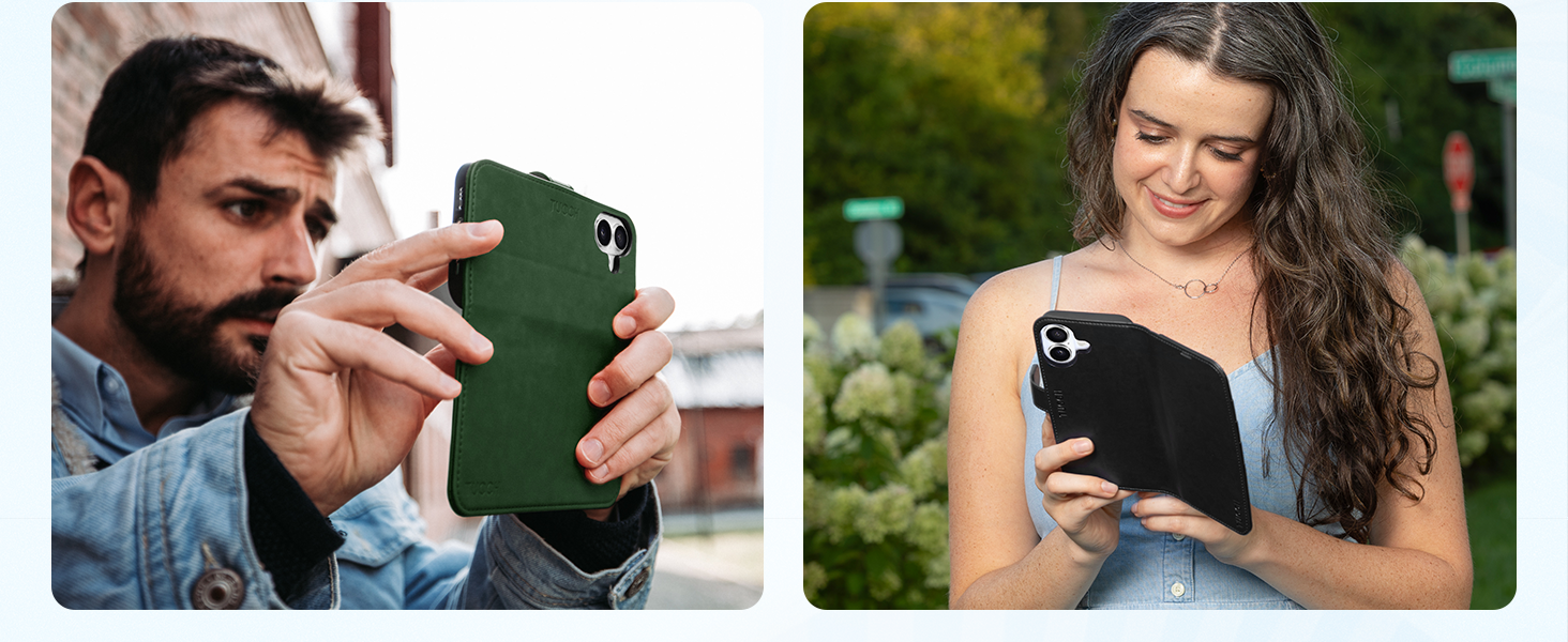 Split image showing a green phone case being used outdoors, demonstrating its protective features in everyday use scenarios.