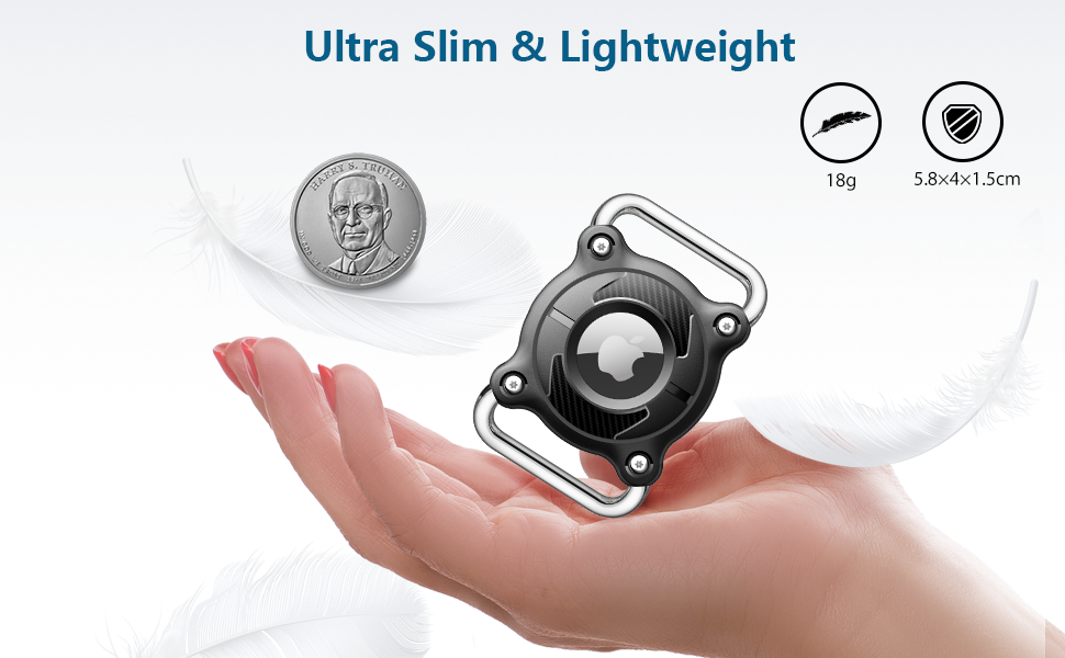 Text reads: 'Ultra Slim & Lightweight'. Product comparison showing a coin and small mechanical device resting in an open palm, with two circular icons.