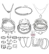 35 Pcs Silver Plated Jewelry Set for Women 17IF 12 Pcs Rings 4 Pcs Necklace 14 Pcs Bracelet and 5...