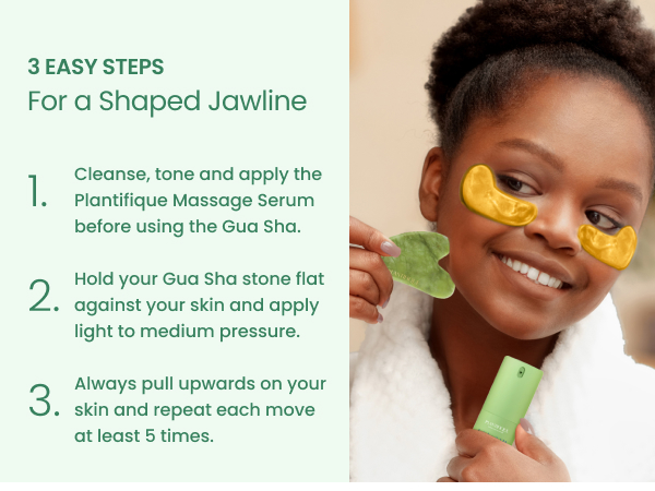 Woman using Plantifique gua sha on face for jawline shaping