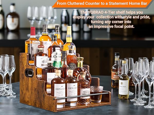 4 tier rustic wood liquor shelf for home bar, countertop organizer for alcohol bottles.