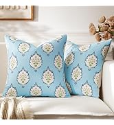 GIGIZAZA Vintage Cotton Pillow Covers: Floral Blue Throw Pillows 18x18 Soft Accent Print Covers P...