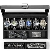 Vlando 6-Slot Watch Case for Men, Watch Box with Glass Lid, Storage for Rings, Keys, Business Tex...