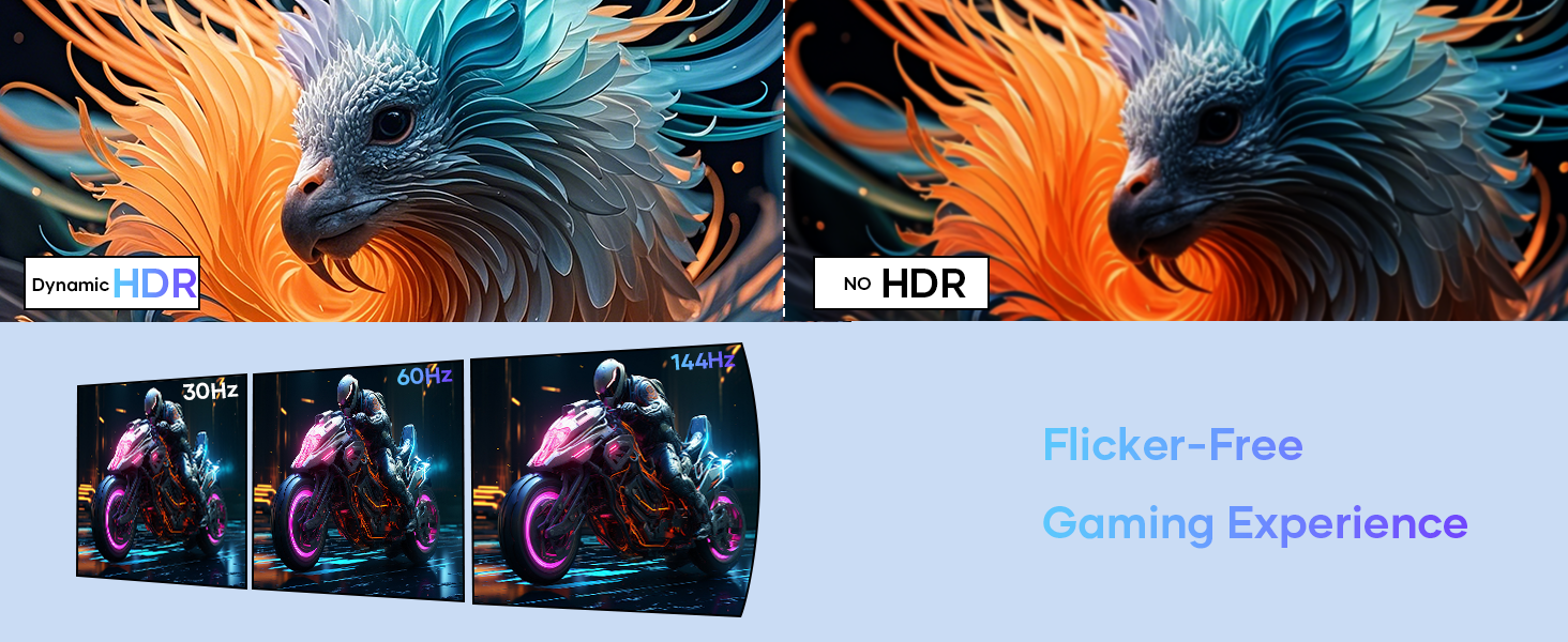 Gaming monitor display comparison showing HDR capability and flicker-free technology, with blue and orange feather graphic demonstrating color vibrancy.
