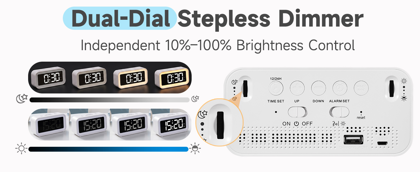 dual dial stepless dimmer alarm clock rotary wheel brightness control 10-100 percent nightlight