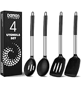 Pack of 4 Large Silicone Cooking Spatulas and Spoons, Slotted and Solid Stainless Steel Cooking U...