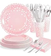 Gudvilla 168PCS Pink Plates and Napkins Party Supplies,Pink Party Plates with Silver Polka Dot Se...