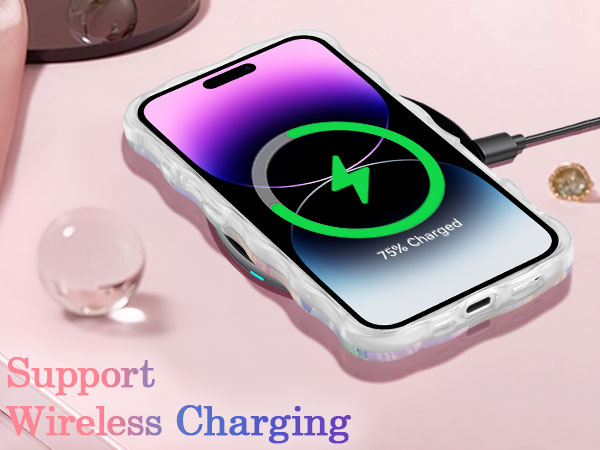 Smartphone on a wireless charging pad with glowing green battery icon, indicating active charging. Text reads 'Support Wireless Charging'.