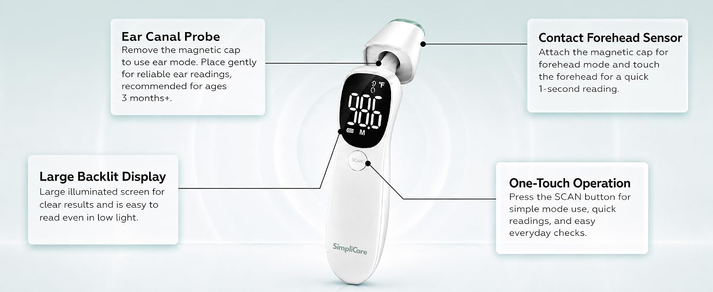 SimpliCare AET-R842 infrared thermometer for forehead, ear, and object temperature checks