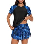 Tournesol Women's 2 Piece Rash Guard Short Sleeve Swim Shirts UPF 50+ Built in Bra Swimsuit with ...