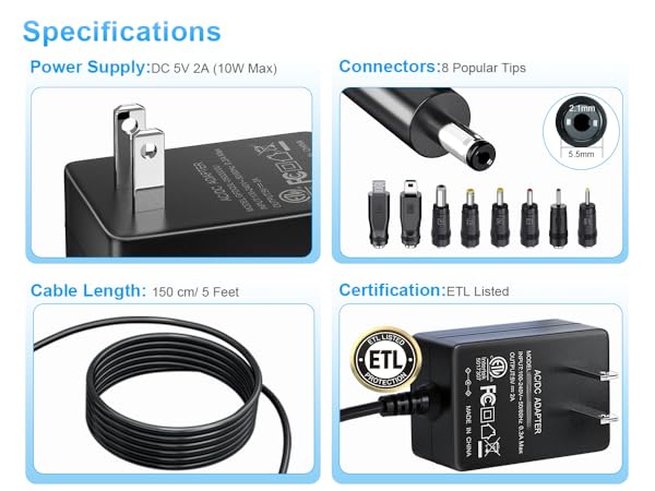 dc 5v power cord with 5 feet cable, 5 Volt 0.5A 1A 2A compatible