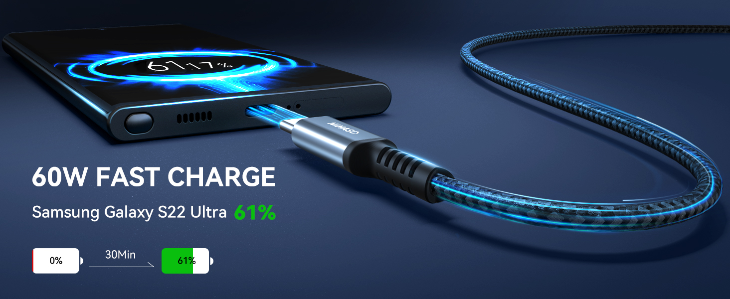 Fast charging cable with blue illumination, connected to a smartphone. Display shows 60W charging speed and 61% battery level for Samsung Galaxy S22 Ultra.