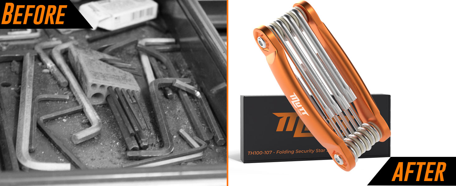 Comparison of disorganized tools before and compact folding torx set after for organization.