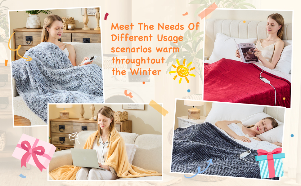 Text reads: 'Meet The Needs Of Different Usage scenarios warm throughtout the Winter'. Collage showing electric blanket in multiple use scenarios - on couch, bed, and lap. Shown in red and gray colors.