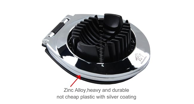Text reads 'Zinc alloy heavy and durable not cheap plastic with silver coating'. Circular chrome fan with black center hub and mounting hardware shown from above.