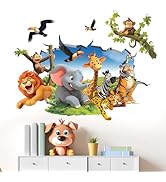 Jungle Animals Wall Decals for Kids: Peel and Stick Monkey Elephant Giraffe Tiger Lion Wall Stick...