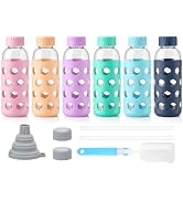 Sursip 16 oz Glass Juice Bottles with Lids, 6 Pack | Reusable Clear Glass, Silicone Sleeves and S...