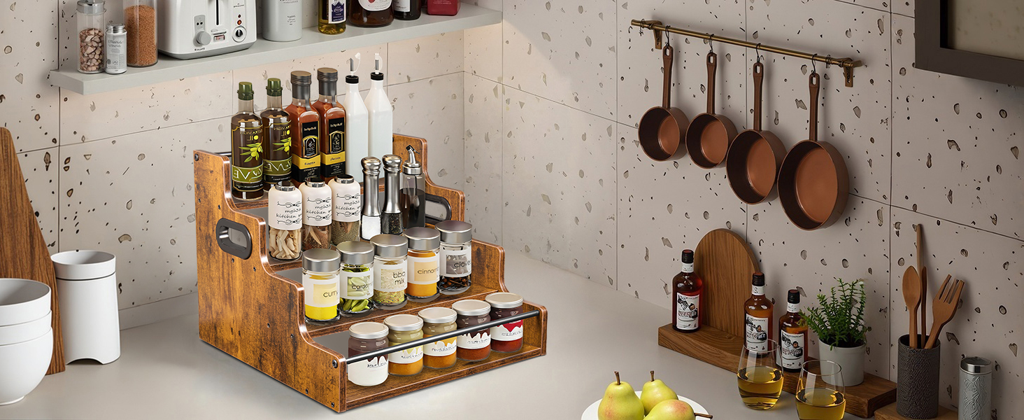 Kitchen spice rack organizer, rustic 4-tier seasoning bottle holder for countertop storage.