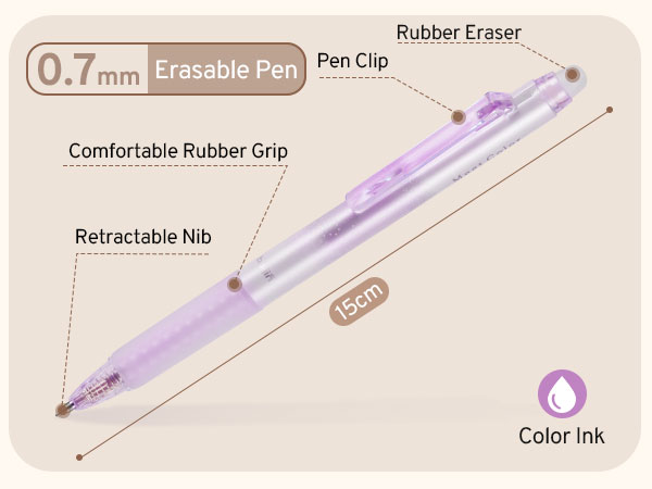 Purple erasable pen with 0.7mm tip, 15cm length, retractable nib, rubber grip, pen clip, and eraser. Features color ink and comfortable design.