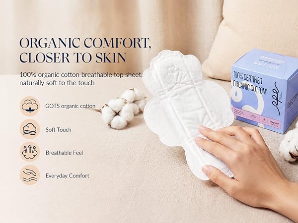 RPE Life organic cotton period pads shown with cotton and product box.