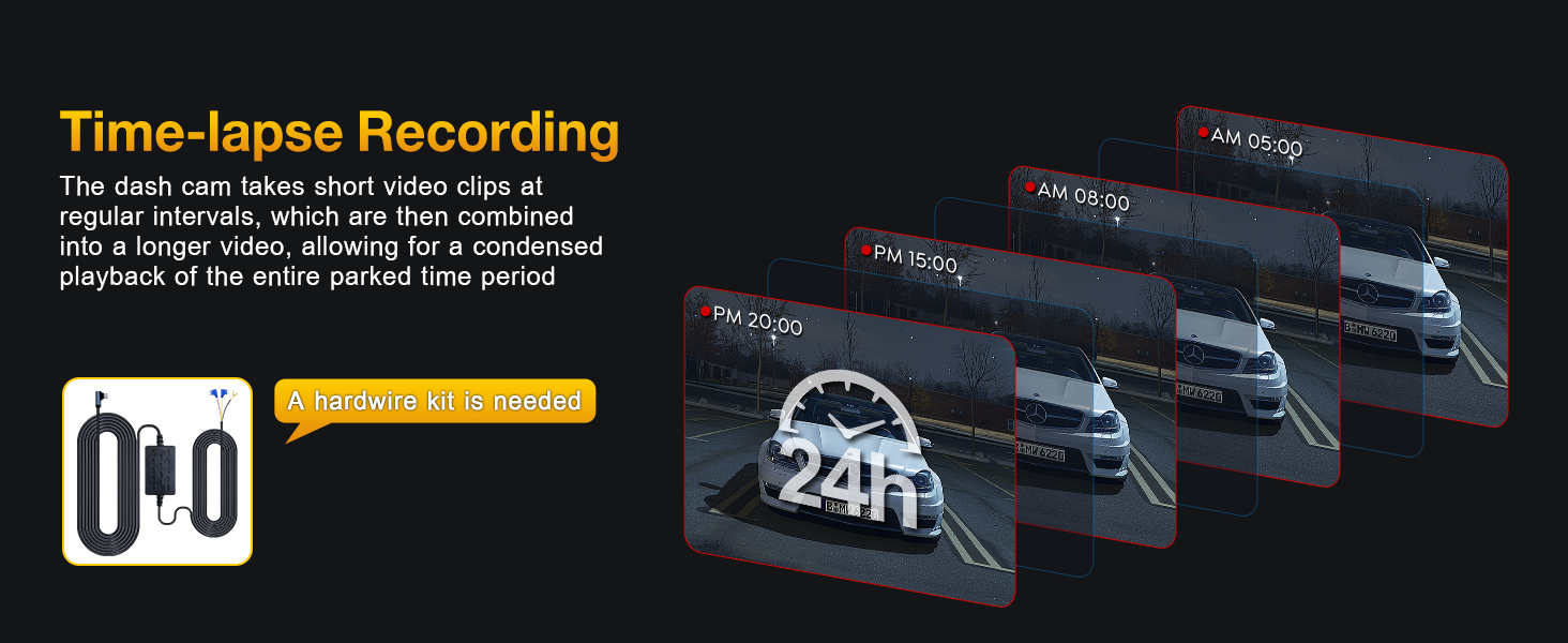 Time-lapse recording interface showing stopwatch icon and multiple sequential frames demonstrating 24-hour recording capability with dark UI design.