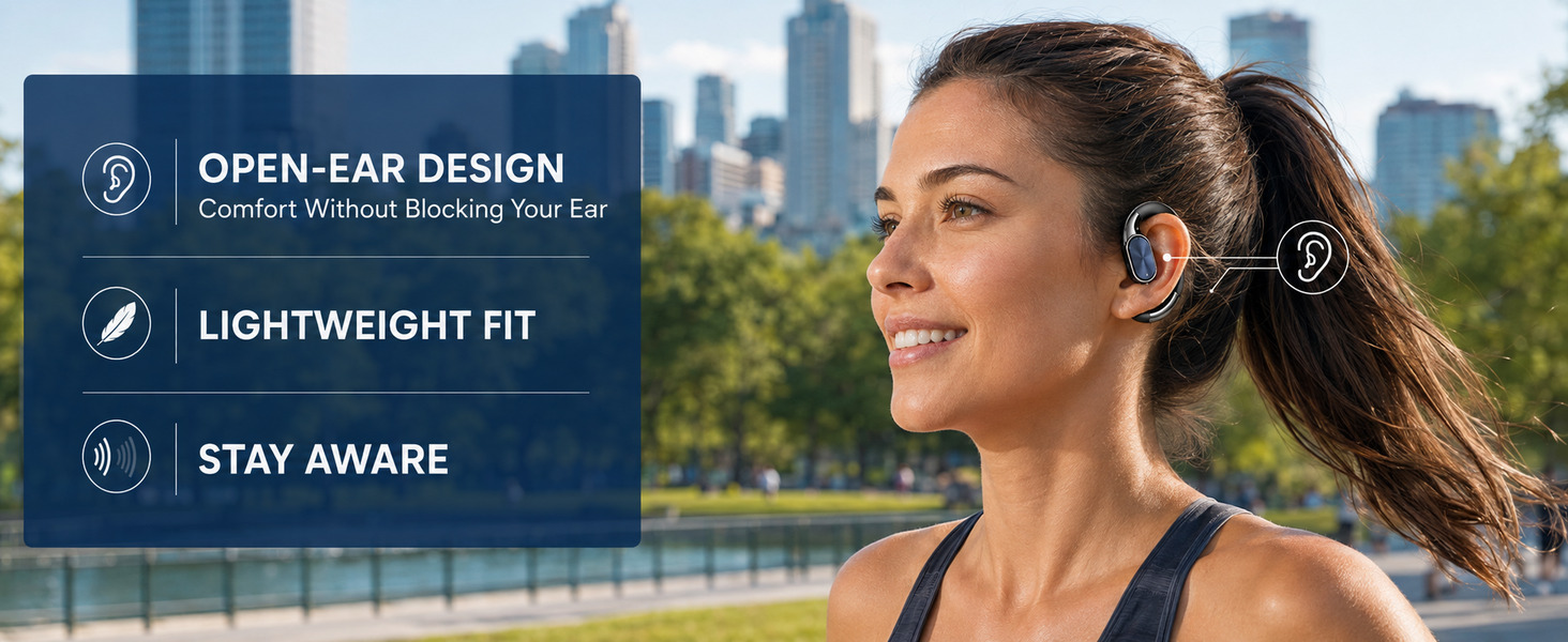 Lightweight open-ear earbuds designed for outdoor comfort and awareness.