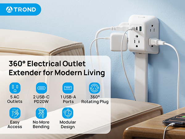 360 Rotating Outlet Extender Stick with 5AC and 3 USB Ports