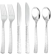 Joyido 300Pieces Silver Plastic Silverware - Hammered Disposable Utensils - Heavy Duty Plastic Cu...