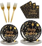 96PCS Happy Birthday Plates and Napkins Party Supplies, Black and Gold Disposable Paper Plates an...