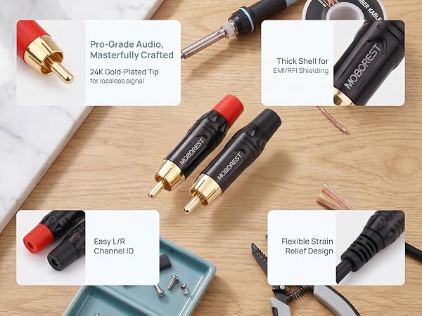 RCA Male Plug Adapter Audio Phono Gold Plated Solder 24K Gold-Plated Phono Jack Adapter