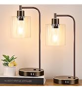 Industrial Touch Table Lamps Set of 2 - Bedside Lamps with 2 USB Ports & AC Outlet, 3-Way Dimmabl...